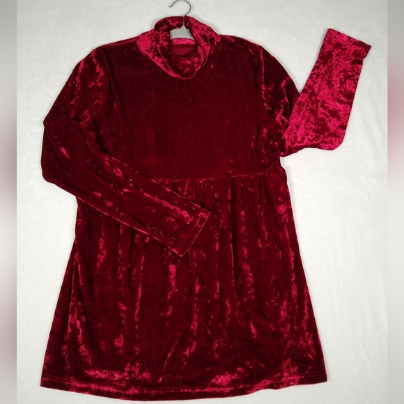 Women's Large Crimson Red Crushed Velvet Empire Waist Long Sleeve Mini Dress - Picture 8 of 8